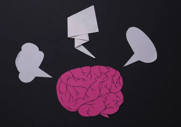 Σκέψη Κουβέντα Διάλογος Ανθρώπινος Εγκέφαλος Κινουμένων Σχεδίων Φυσαλίδες Διαλόγου Μαύρο — Φωτογραφία Αρχείου