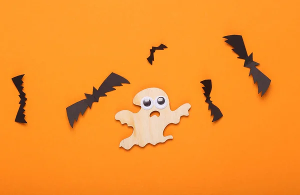 Minimal Halloween Layout Halloween Inredning Med Spöke Orange Bakgrund Trick — Stockfoto