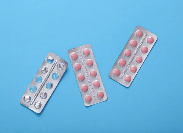 Empty Full Blister Pills Blue Background Top View — Stock Photo, Image