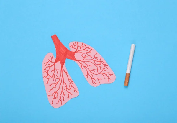 Harm Smoking Lung Health Concept Paper Lungs Cigarette Blue Background — Stock Photo, Image