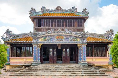 Hue, Vietnam - November 22, 2019: Imperial Citadel, the entrance of the Reading pavilion on Ngoc Dich Lake