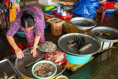 Cai Rang, Vietnam - November 25, 2019: A colorful food market on the Mecong river bank