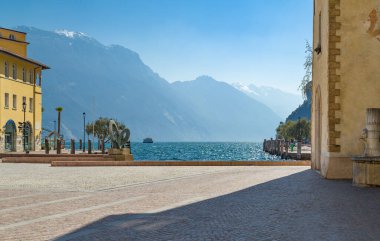 Riva del Garda, Italy, panorama of the lake and mountains seen from Catena square