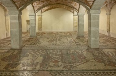 Bobbio, İtalya - 24 Mayıs 2018: 11. yüzyılın zemin mozaikleri San Colombano Manastırı 'nın mahzeninde