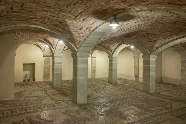 Bobbio, İtalya - 24 Mayıs 2018: 11. yüzyılın zemin mozaikleri San Colombano Manastırı 'nın mahzeninde