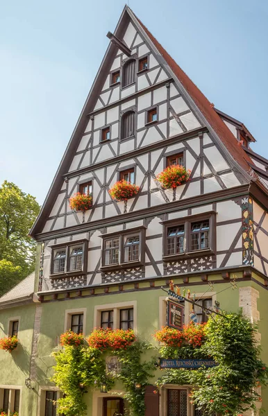 Rothenburg ob der Tauber, Germany - July 20, 2021: View of the medieval architectures of the old tow
