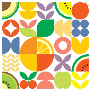 Geometrik yaz taze meyve kesimi renkli basit şekilli resim posteri. İskandinav tarzında düz soyut vektör deseni tasarımı. Beyaz arkaplanda narenciye portakallarının minimalist çizimi.