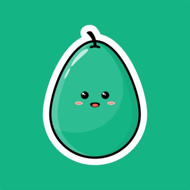 Mutlu gülümseyen yüzü olan sevimli meyve çizgi film karakteri. Düz vektör tasarımı, neşeli yüzlü klipsli sanat. İş tanıtım ikonları, maskotlar ve çıkartmalar için iyidir. Taze avokado çizimi.