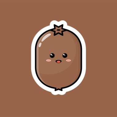 Mutlu gülümseyen yüzü olan sevimli meyve çizgi film karakteri. Düz vektör tasarımı, neşeli yüzlü klipsli sanat. İş tanıtım ikonları, maskotlar ve çıkartmalar için iyidir. Taze kivi meyve illüstrasyonu.