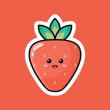 Mutlu gülümseyen yüzü olan sevimli meyve çizgi film karakteri. Düz vektör tasarımı, neşeli yüzlü klipsli sanat. İş tanıtım ikonları, maskotlar ve çıkartmalar için iyidir. Kırmızı çileklerin resmi..