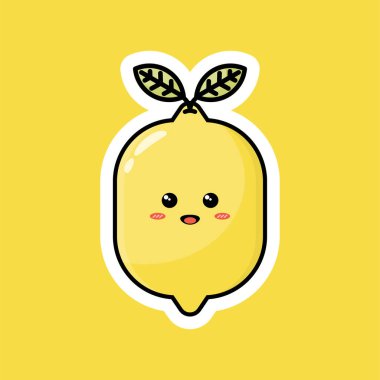 Mutlu gülümseyen yüzü olan sevimli meyve çizgi film karakteri. Düz vektör tasarımı, neşeli yüzlü klipsli sanat. İş tanıtım ikonları, maskotlar ve çıkartmalar için iyidir. Sarı limon tasviri.
