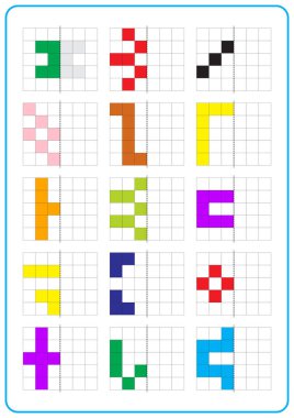 Bebekler ve çocuklar için basılabilir resim yansıtma eğitim oyunu. Simetrik çalışma kâğıtlarını öğrenmek, anaokulu ve anaokulu için eğlence. Izgara sayfa renklendirme faaliyetleri, görsel algı ve piksel sanatı