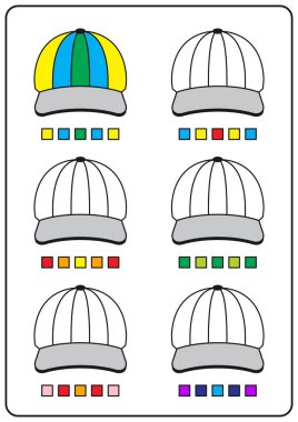 Boyama sayfaları, çocuklar için eğitim oyunları, anaokulu aktiviteleri, basılabilir çalışma kağıtları. Renkleri öğrenmek için renkli nesnelerin basit çizgi film vektör çizimi. Şapkayı boya..