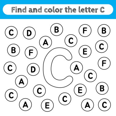 Learning worksheets for kids, find and color letters. Editable educational game for preschool children, recognizing alphabet shapes. Simple flat vector for kids activities. Letter C.