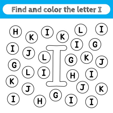 Learning worksheets for kids, find and color letters. Editable educational game for preschool children, recognizing alphabet shapes. Simple flat vector for kids activities. Letter I.