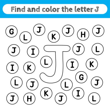 Çocukların çalışma çizelgelerini öğrenmek, harfleri bulmak ve boyamak. Okul öncesi çocuklar için düzenlenebilir eğitim oyunu, alfabe şekillerini tanımak. Çocuk aktiviteleri için basit bir düz vektör. J harfi.