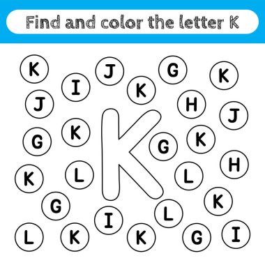 Çocukların çalışma çizelgelerini öğrenmek, harfleri bulmak ve boyamak. Okul öncesi çocuklar için düzenlenebilir eğitim oyunu, alfabe şekillerini tanımak. Çocuk aktiviteleri için basit bir düz vektör. K harfi.