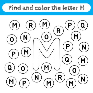 Learning worksheets for kids, find and color letters. Editable educational game for preschool children, recognizing alphabet shapes. Simple flat vector for kids activities. Letter M.