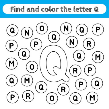 Çocukların çalışma çizelgelerini öğrenmek, harfleri bulmak ve boyamak. Okul öncesi çocuklar için düzenlenebilir eğitim oyunu, alfabe şekillerini tanımak. Çocuk aktiviteleri için basit bir düz vektör. Q harfi.
