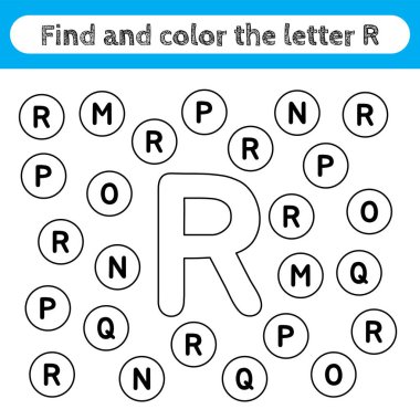 Learning worksheets for kids, find and color letters. Editable educational game for preschool children, recognizing alphabet shapes. Simple flat vector for kids activities. Letter R.