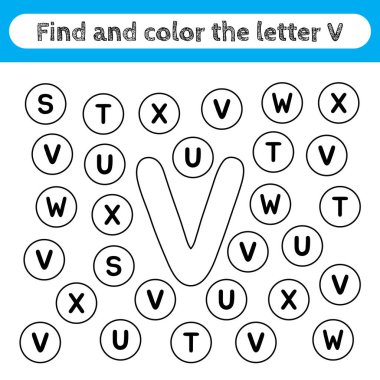 Learning worksheets for kids, find and color letters. Editable educational game for preschool children, recognizing alphabet shapes. Simple flat vector for kids activities. Letter V.