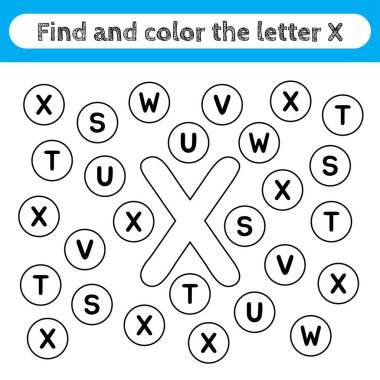 Çocukların çalışma çizelgelerini öğrenmek, harfleri bulmak ve boyamak. Okul öncesi çocuklar için düzenlenebilir eğitim oyunu, alfabe şekillerini tanımak. Çocuk aktiviteleri için basit bir düz vektör. X harfi.