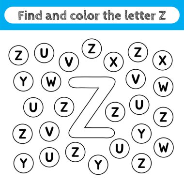 Learning worksheets for kids, find and color letters. Editable educational game for preschool children, recognizing alphabet shapes. Simple flat vector for kids activities. Letter Z.