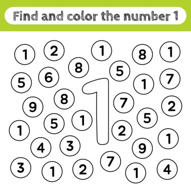 Learning worksheets for kids, find and color numbers. Editable educational game for preschooler activities, recognizing number shapes. Simple flat vector for kids intelligence. Number 1.