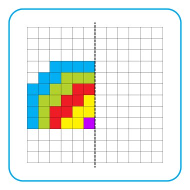 Çocuklar için resim yansıtma eğitici bir oyun. Anaokulu aktiviteleri için simetri ödevlerini tamamlamayı öğren. Renkli şebeke sayfaları, görsel algı ve piksel sanat. Gökkuşağı resmini tamamla.