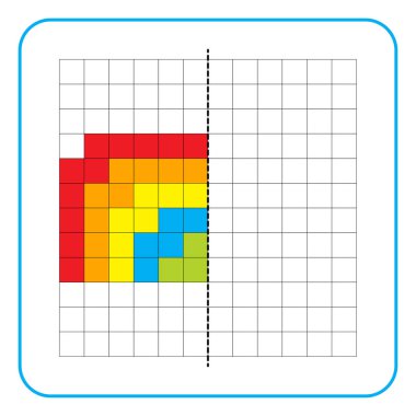 Çocuklar için resim yansıtma eğitici bir oyun. Anaokulu aktiviteleri için simetri ödevlerini tamamlamayı öğren. Renkli şebeke sayfaları, görsel algı ve piksel sanat. Gökkuşağı resmini tamamla.