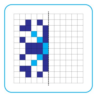 Çocuklar için resim yansıtma eğitici bir oyun. Anaokulu aktiviteleri için simetri ödevlerini tamamlamayı öğren. Renkli şebeke sayfaları, görsel algı ve piksel sanat. Kar tanesi süsünü bitir..