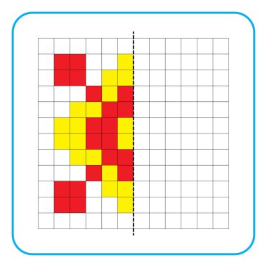 Çocuklar için resim yansıtma eğitici bir oyun. Anaokulu aktiviteleri için simetri ödevlerini tamamlamayı öğren. Renkli şebeke sayfaları, görsel algı ve piksel sanat. Çiçek süsünü bitir..