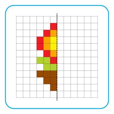 Çocuklar için resim yansıtma eğitici bir oyun. Anaokulu aktiviteleri için simetri ödevlerini tamamlamayı öğren. Renkli şebeke sayfaları, görsel algı ve piksel sanat. Saksıdaki çiçekleri bitir..