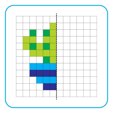 Çocuklar için resim yansıtma eğitici bir oyun. Anaokulu aktiviteleri için simetri ödevlerini tamamlamayı öğren. Renkli şebeke sayfaları, görsel algı ve piksel sanat. Tenceredeki kaktüsü bitir..