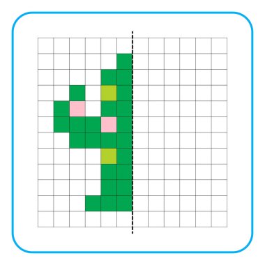 Çocuklar için resim yansıtma eğitici bir oyun. Anaokulu aktiviteleri için simetri ödevlerini tamamlamayı öğren. Renkli şebeke sayfaları, görsel algı ve piksel sanat. Kaktüs bitkisinin resmini tamamla.