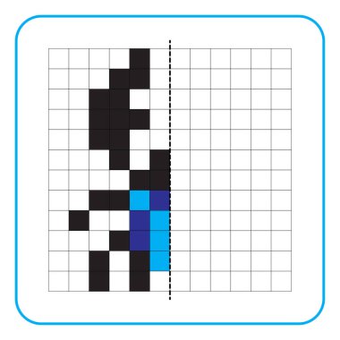 Çocuklar için resim yansıtma eğitici bir oyun. Anaokulu aktiviteleri için simetri ödevlerini tamamlamayı öğren. Renkli şebeke sayfaları, görsel algı ve piksel sanat. Mavi boynuzlu böceği bitir..