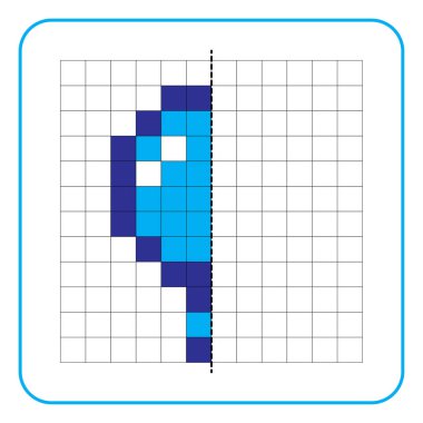Çocuklar için resim yansıtma eğitici bir oyun. Anaokulu aktiviteleri için simetri ödevlerini tamamlamayı öğren. Renkli şebeke sayfaları, görsel algı ve piksel sanat. Büyüteç simgesi tamamlandı.
