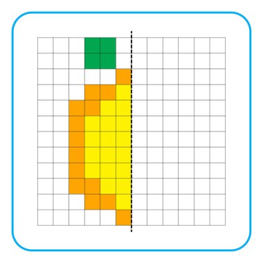 Çocuklar için resim yansıtma eğitici bir oyun. Anaokulu aktiviteleri için simetri ödevlerini tamamlamayı öğren. Renkli şebeke sayfaları, görsel algı ve piksel sanat. Limonların resmini tamamla.