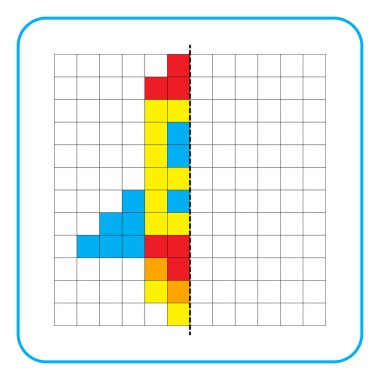Çocuklar için resim yansıtma eğitici bir oyun. Anaokulu aktiviteleri için simetri ödevlerini tamamlamayı öğren. Renkli şebeke sayfaları, görsel algı ve piksel sanat. Uzay mekiğinin çizimi tamamlandı.