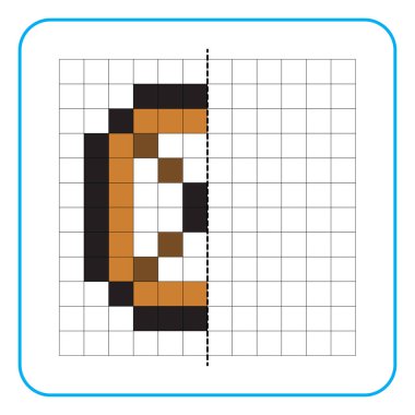 Çocuklar için resim yansıtma eğitici bir oyun. Anaokulu aktiviteleri için simetri ödevlerini tamamlamayı öğren. Renkli şebeke sayfaları, görsel algı ve piksel sanat. Vagon tekerleği resmini tamamla.