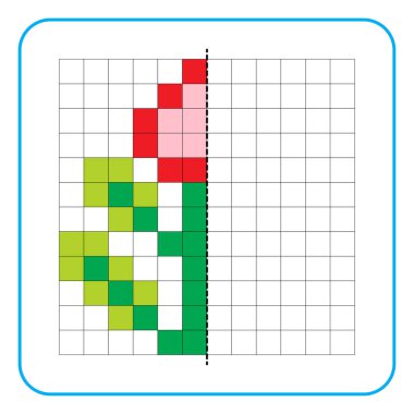 Çocuklar için resim yansıtma eğitici bir oyun. Anaokulu aktiviteleri için simetri ödevlerini tamamlamayı öğren. Renkli şebeke sayfaları, görsel algı ve piksel sanat. Yaprakları ve çiçek tomurcuklarını bitir.