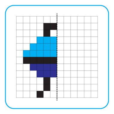 Çocuklar için resim yansıtma eğitici bir oyun. Anaokulu aktiviteleri için simetri ödevlerini tamamlamayı öğren. Renkli şebeke sayfaları, görsel algı ve piksel sanat. Izgara soba şeklini bitir..