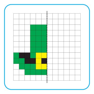 Çocuklar için resim yansıtma eğitici bir oyun. Anaokulu aktiviteleri için simetri ödevlerini tamamlamayı öğren. Renkli şebeke sayfaları, görsel algı ve piksel sanat. Şapka resmini tamamla.