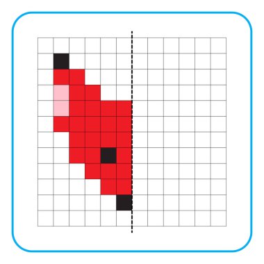 Çocuklar için resim yansıtma eğitici bir oyun. Anaokulu aktiviteleri için simetri ödevlerini tamamlamayı öğren. Renkli şebeke sayfaları, görsel algı ve piksel sanat. Kırmızı tilki yüz resmini tamamla.