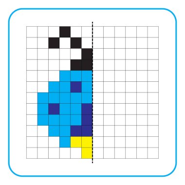 Çocuklar için resim yansıtma eğitici bir oyun. Anaokulu aktiviteleri için simetri ödevlerini tamamlamayı öğren. Renkli şebeke sayfaları, görsel algı ve piksel sanat. Mavi ateş böceğini bitir..