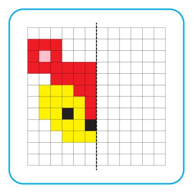 Çocuklar için resim yansıtma eğitici bir oyun. Anaokulu aktiviteleri için simetri ödevlerini tamamlamayı öğren. Renkli şebeke sayfaları, görsel algı ve piksel sanat. Sincabın yüzünü tamamla..