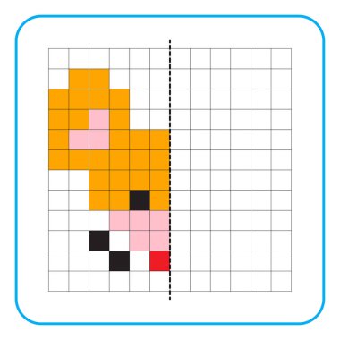 Çocuklar için resim yansıtma eğitici bir oyun. Anaokulu aktiviteleri için simetrik çalışma tablolarını tamamlamayı öğren. Boyama şebeke sayfaları, resim mozaikleri veya piksel sanatı için görevler. Fare yüzünü bitir.