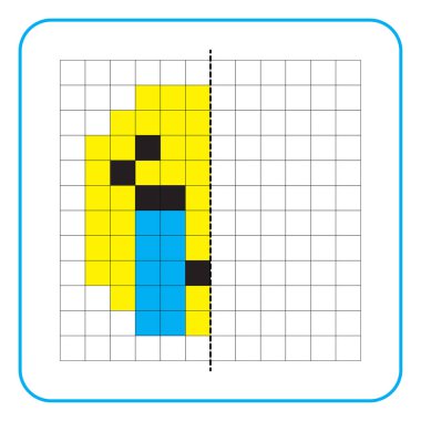 Çocuklar için resim yansıtma eğitici bir oyun. Anaokulu aktiviteleri için simetrik çalışma tablolarını tamamlamayı öğren. Renkli şebeke sayfaları, resim mozaikleri veya pikseller. Ağlama ifadeni bitir..