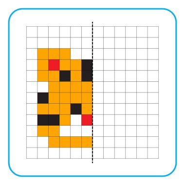 Çocuklar için resim yansıtma eğitici bir oyun. Anaokulu aktiviteleri için simetrik çalışma tablolarını tamamlamayı öğren. Boyama şebeke sayfaları, resim mozaikleri veya piksel sanatı için görevler. Kaplan suratını bitir..