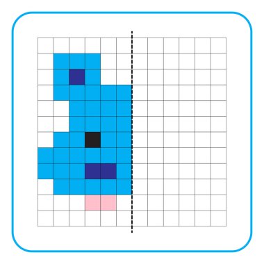 Çocuklar için resim yansıtma eğitici bir oyun. Anaokulu aktiviteleri için simetrik çalışma tablolarını tamamlamayı öğren. Boyama şebeke sayfaları, resim mozaikleri veya piksel sanatı için görevler. Su aygırını bitir..